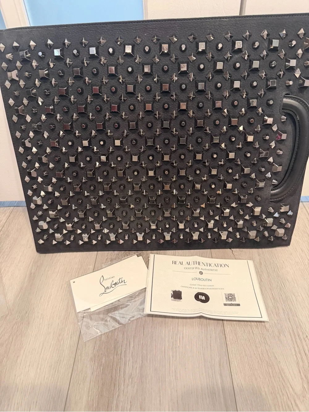 Christina Louboutin Trictrac Portfolio Bag  Studded Black Leather COA